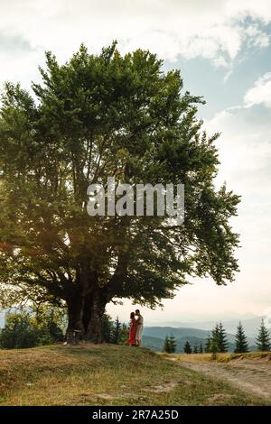 una coppia si alza e si guarda su una panchina accanto ad un grande e antico faggeto con vista sui monti carpazi Foto Stock