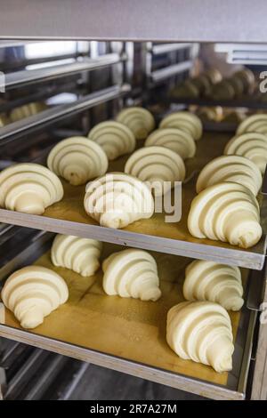 Croissant insonorizzati su teglia da forno Foto Stock