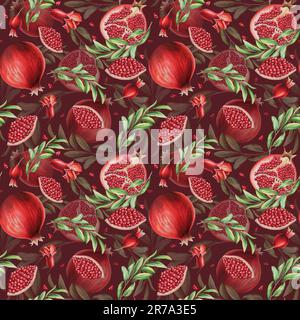 Acquerello senza cuciture con semi di melograno e fiori e foglie isolate. Metà e una fetta di melograno. Disegnato a mano realistico gustoso biologico Foto Stock