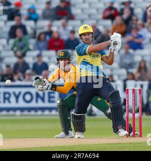 La battuta degli Bears Sam Hain è stata scattata a Birmingham il 3 giugno 2023 durante la partita Vitality T20 Blast tra Birmingham Bears & Notts Outlaws Foto Stock