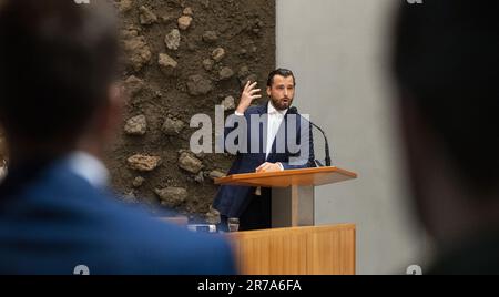 L'Aia, Paesi Bassi. 14 giugno, 2023. Thierry Baudet (FVD) durante un dibattito alla Camera dei rappresentanti sul programma di ricerca "Indipendenza, decolonizzazione, violenza e guerra in Indonesia 1945-1950”. Nel febbraio di quest'anno, Rutte si è scusato per la "violenza estrema” durante la lotta per l'indipendenza dell'ex colonia olandese delle Indie orientali. ANP LEX VAN LIESHOUT/Alamy Live News netherlands out - belgium out Foto Stock