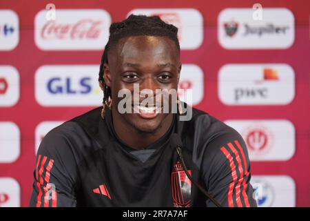 Tubize, Belgio. 14th giugno, 2023. Jeremy Doku, in Belgio, ha illustrato nel corso di una conferenza stampa della nazionale belga di calcio Red Devils, mercoledì 14 giugno 2023, presso la sede centrale della Royal Belgian Football Association RBFA a Tubize, in preparazione delle partite contro l'Austria e l'Estonia alla fine di questo mese. FOTO DI BELGA BRUNO FAHY Credit: Agenzia Notizie di Belga/Alamy Live News Foto Stock