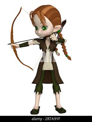 Graziosa Toon Wood Elf Archer Girl che prende la mira Foto Stock