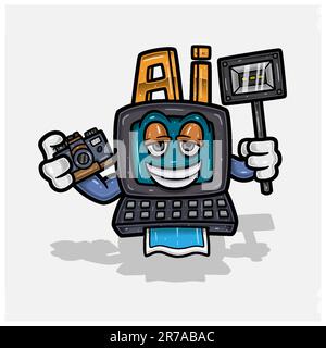 Computer ai Cartoon Character Holding Camera e Flash. Con gradienti semplici. Vettori e caratteri. Illustrazione Vettoriale