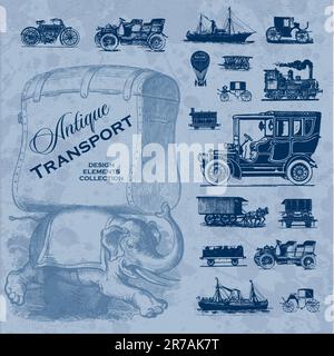 set di elementi e illustrazioni di design antichi relativi al trasporto; illustrazioni vettoriali scalabili e modificabili Illustrazione Vettoriale