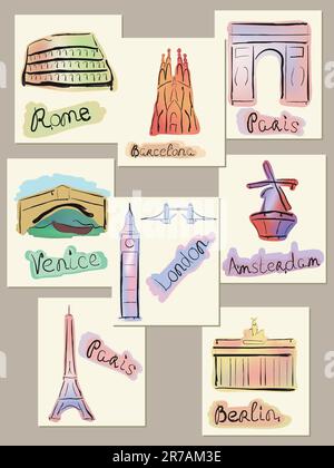 Attrazioni di alcune città europee disegnate in stile acquerello. Illustrazione Vettoriale