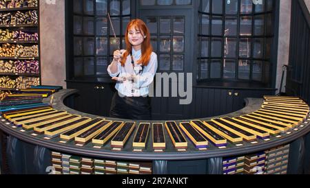 Tokyo, Giappone. 14th giugno, 2023. Uno staff si pone per la macchina fotografica con la bacchetta di Hermione Granger durante un'anteprima stampa presso il 'Warner Bros. Studio Tour Tokyo - The Making of Harry Potter' a Tokyo, Giappone Mercoledì 14 Giugno 2023. Foto di Keizo Mori/UPI Credit: UPI/Alamy Live News Foto Stock