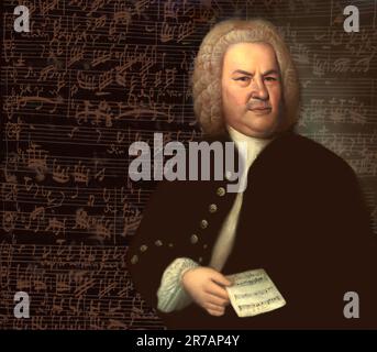 Johann Sebastian Bach, 1685 - 1750, compositore tedesco, edito in digitale secondo un dipinto di Elias Gottlob Haussmann, autografo di Bach della chiesa cantata Meine Seel erhebt den Herren, BWV 10 Foto Stock