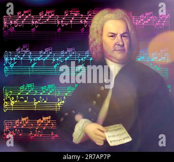 Johann Sebastian Bach, 1685 - 1750, compositore tedesco, edito in digitale secondo un dipinto di Elias Gottlob Haussmann, autografo di Bach di Das Wohltemperierte Klavier, il Clavier ben temperato, BWV 846-893 Foto Stock