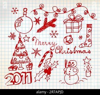 Vettore di Natale e Anno Nuovo doodle illustrazioni su carta quadrettata Illustrazione Vettoriale