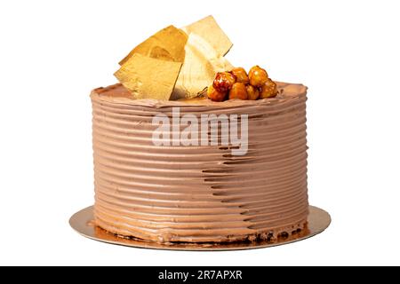 Torta al cioccolato e alla nocciola. Disegno torta di compleanno isolato su sfondo bianco Foto Stock