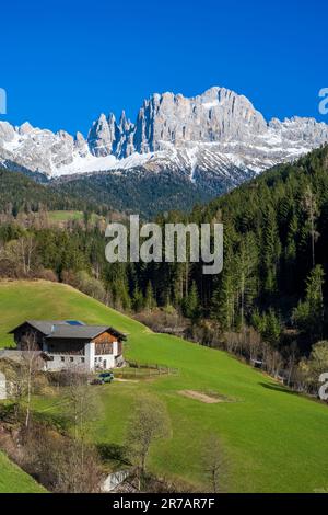 Vista panoramica sulla valle del Tierser con il massiccio del Rosengarten (Catinaccio) sullo sfondo, Dolomiti, Tires, Trentino-Alto Adige/Sud Tirolo, Italia Foto Stock