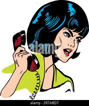 Angry Woman on Phone retro Clip Art Comics stile libro Illustrazione Vettoriale