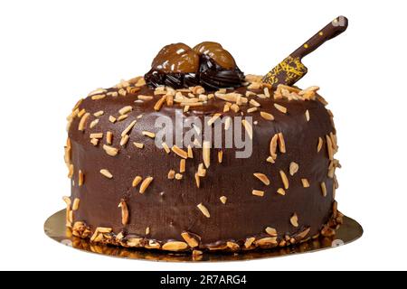 Torta di crema di compleanno di castagne e cioccolato isolata su sfondo bianco. Torta deliziosa con crema di farcitura. Riprese in studio. Prodotti da forno Foto Stock