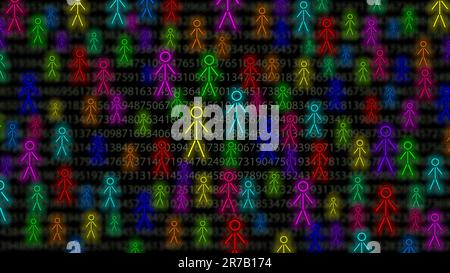 Un'immagine di intestazione di numeri e figure di stickman che rappresentano le persone contenute nei dati di report di business intelligence Foto Stock