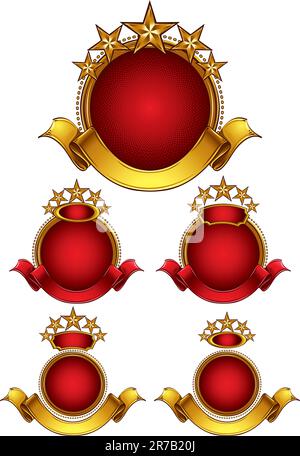 Set di emblemi a cinque stelle. Cerchi emblemi con nastri, stelle dorate e luoghi per il nome dell'azienda. Stile classico. Illustrazione Vettoriale