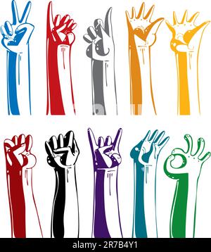 Set di mani gestanti. Collezione di icone di illustrazione stilizzate. Dipinto con colori simbolici. Illustrazione Vettoriale