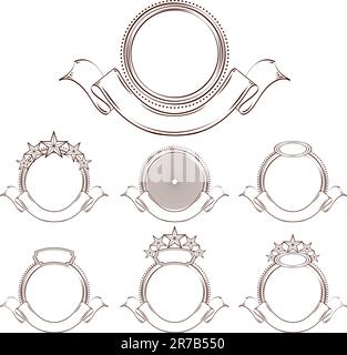 Set di emblemi rotondi. Cerchi emblemi con nastri, stelle e luoghi per il nome dell'azienda. Stile classico. Versioni con contorno a un colore Illustrazione Vettoriale
