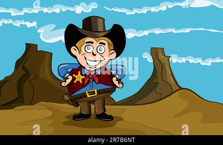 Cartoon carino cowboy sorridente. Egli è nel deserto Illustrazione Vettoriale