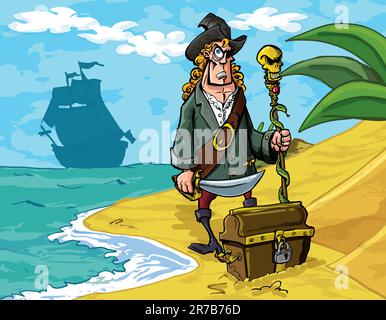 Cartoon illustrazione di un pirata petto isolato su bianco Illustrazione Vettoriale