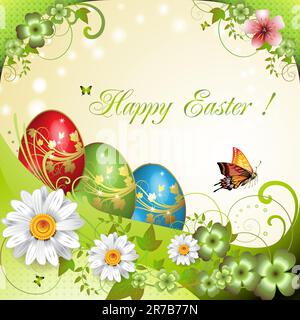 Easter card con farfalle e uova decorate Illustrazione Vettoriale
