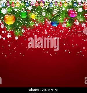 Sfondo di natale con coperte di neve rami di albero di Natale decorato con festoni e palloncini. Illustrazione Vettoriale