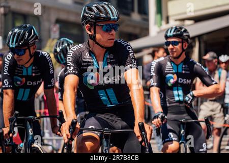 Leukerbad, Svizzera. 14th giugno, 2023. Foto di Zac Williams/SWpix.com- 14/06/2023 - Ciclismo - 2023 Tour de Suisse - Stage 4 - Marius Mayrhofer, Team DSM. Credit: SWpix/Alamy Live News Foto Stock