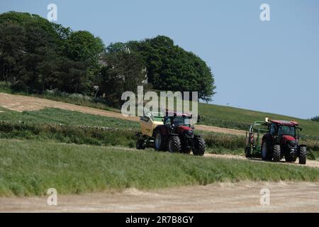 Greenlaw, Regno Unito. 14th giugno, 2023. Grass Demo Day, giornata di dimostrazione con CASE IH & KRONE Agriculture a Rumbleton Law, Greenlaw. G Marshall Tractors Ltd ha ospitato l'evento dimostrativo sotto la luce del sole nello Scottish Borders Credit: Rob Gray/Alamy Live News Foto Stock