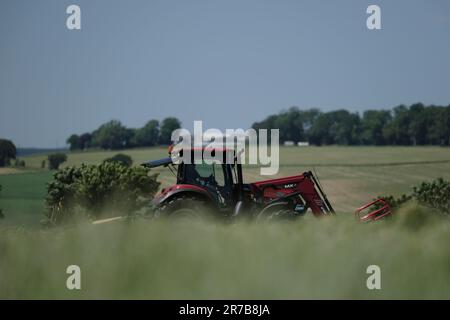 Greenlaw, Regno Unito. 14th giugno, 2023. Grass Demo Day, giornata di dimostrazione con CASE IH & KRONE Agriculture a Rumbleton Law, Greenlaw. G Marshall Tractors Ltd ha ospitato l'evento dimostrativo sotto la luce del sole nello Scottish Borders Credit: Rob Gray/Alamy Live News Foto Stock