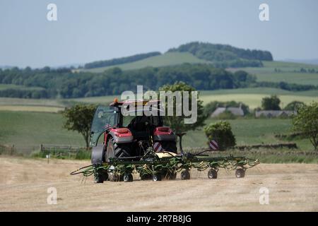 Greenlaw, Regno Unito. 14th giugno, 2023. Grass Demo Day, giornata di dimostrazione con CASE IH & KRONE Agriculture a Rumbleton Law, Greenlaw. G Marshall Tractors Ltd ha ospitato l'evento dimostrativo sotto la luce del sole nello Scottish Borders Credit: Rob Gray/Alamy Live News Foto Stock