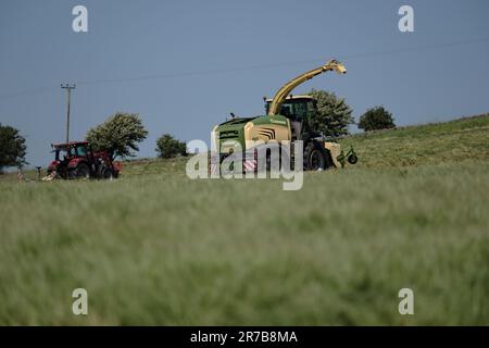 Greenlaw, Regno Unito. 14th giugno, 2023. Grass Demo Day, giornata di dimostrazione con CASE IH & KRONE Agriculture a Rumbleton Law, Greenlaw. G Marshall Tractors Ltd ha ospitato l'evento dimostrativo sotto la luce del sole nello Scottish Borders Credit: Rob Gray/Alamy Live News Foto Stock