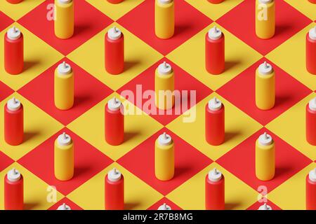 Bottiglie di salsa di ketchup e senape, nei colori complementari, su una scacchiera rossa e gialla. Concetto di salsa fast food e condimenti Foto Stock