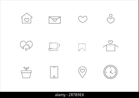 Set lineare di icone per il social networking domestico, cuore Illustrazione Vettoriale