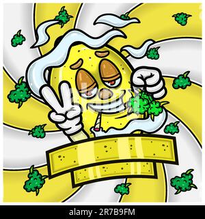 Cartone animato con carattere mascotte al limone e impacchettamento di erbe infestanti. Per etichetta, imballaggio, prodotto, copertina e Branding. Illustrazione Vettoriale