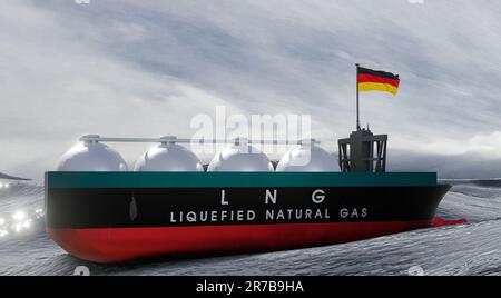 Gas naturale liquefatto Germania, riserva di gas Germania, serbatoio di stoccaggio GNL, serbatoio di gas naturale Germania con bandiera Germania, sanzione sul gas, 3D lavori e 3D Foto Stock