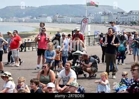 Famiglie e bambini che guardano il tradizionale spettacolo di Punch and Judy del Professor Codman sul Llandudno. Galles Regno Unito Foto Stock