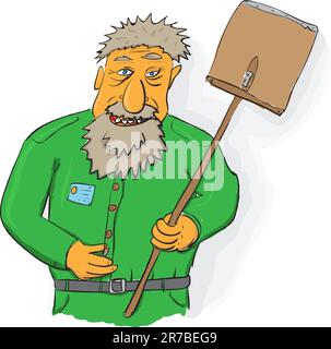 Arte vettoriale comica - inserviente con una grande pala in legno Illustrazione Vettoriale