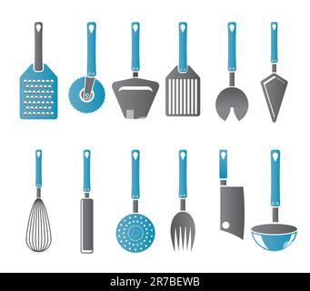 Diversi tipi di accessori da cucina e attrezzature icone - vettore icona impostare Illustrazione Vettoriale