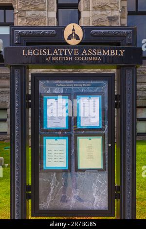 Opzioni di menu per la sala da pranzo Legislative Assembly presso l'edificio Provincial Government a Victoria British Columbia Canada Foto Stock