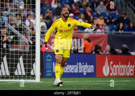 10 giugno 2023; Drake Callender (1), portiere dell'Inter Miami, si rivolge ai compagni di squadra durante il primo tempo contro la rivoluzione del New England a Foxborough, Massachusetts. Eric Canha/CSM Foto Stock