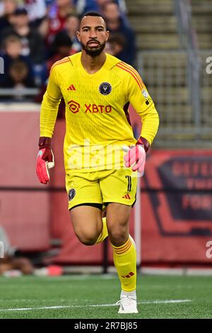 10 giugno 2023; Drake Callender (1), portiere dell'Inter Miami, in azione di gioco contro la Rivoluzione del New England durante il primo tempo a Foxborough, Massachusetts. Eric Canha/CSM Foto Stock