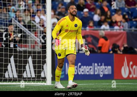 10 giugno 2023; Drake Callender (1), portiere dell'Inter Miami, si rivolge ai compagni di squadra durante il primo tempo contro la rivoluzione del New England a Foxborough, Massachusetts. Eric Canha/CSM Foto Stock