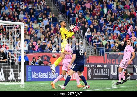 10 giugno 2023; Drake Callender (1), portiere dell'Inter Miami, risparmia durante il primo tempo contro la rivoluzione del New England a Foxborough, Massachusetts. Eric Canha/CSM Foto Stock