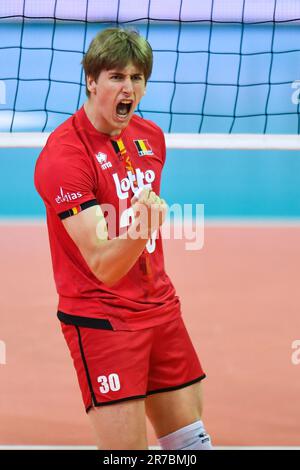 Lodz, Polonia. 14th giugno, 2023. Basilico Dermaux durante la partita di pallavolo europea CEV Golden League 20023 tra Ucraina e Belgio il 14 giugno 2023 a Lodz, Polonia. (Foto di PressFocus/Sipa USA) Credit: Sipa USA/Alamy Live News Foto Stock