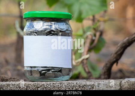 Barattolo con monete ucraine e un'etichetta bianca con posto per i supporti di testo Foto Stock