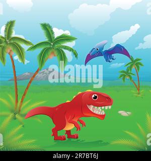 Adorabili dinosauri nella scena preistorica. Serie di tre illustrazioni che possono essere utilizzate separatamente o affiancate per formare un paesaggio panoramico. Illustrazione Vettoriale