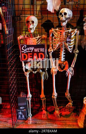 Due scheletri con segno che dice Spiacenti Siamo morti. Halloween nei negozi Foy's di Fairborn, Dayton, Ohio, USA. Foto Stock