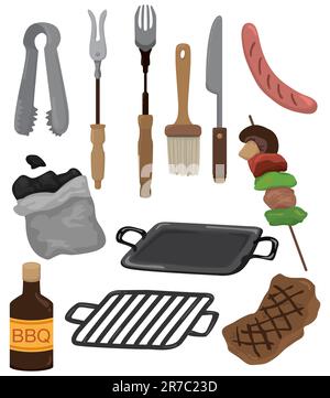 icona del set di strumenti per il barbeque dei cartoni animati Illustrazione Vettoriale