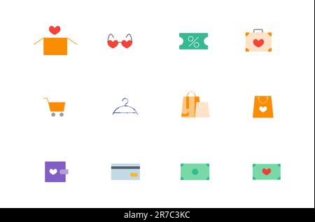 Icone pieno insieme di icone per lo shopping, shopping, accessori colorato semplice Illustrazione Vettoriale