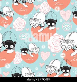 motivo senza cuciture di lemuri divertente san valentino con cuori su sfondo azzurro con motivi Illustrazione Vettoriale